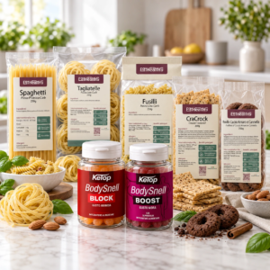Dispensa Box EatHealthy con BODYsnell BLOCK, BODYsnell BOOST, Fusilli, Spaghetti, Tagliatelle, CraCrock e Frollo Cacao Amaro e Cannella